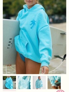 Pink Palm Puff "Hawaii Hibiscus" Hoodie in Aquamarine XS